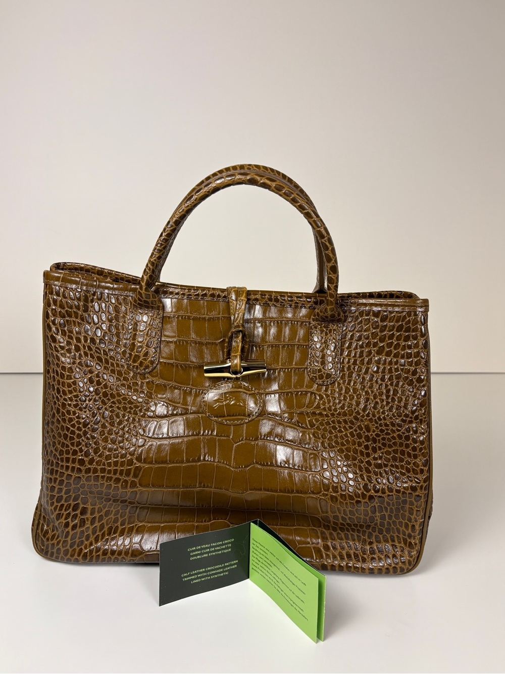 Longchamp Roseau Croc-Embossed Top-Handle Olive Brown Satchel with Gold Hardware